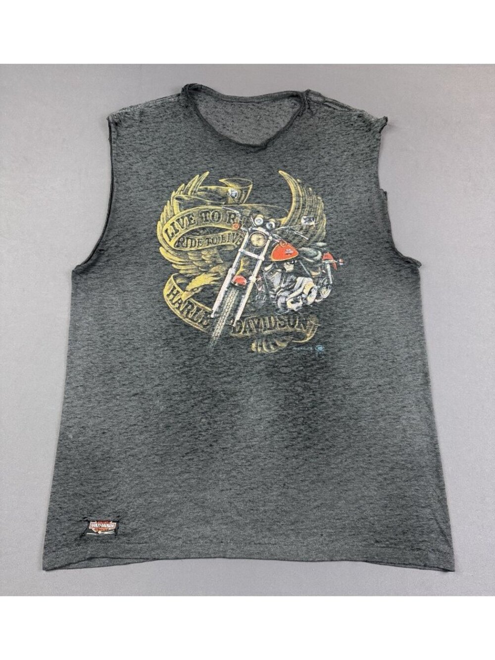 Rare Vintage 80s 3d Emblem Harley Davidson Motorcycle Thrashed Thin Sun Fade Tee